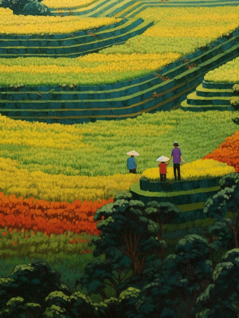 农民在梯田辛苦劳作的插画背景,插画/手绘图,插画/手绘图库,插画/手绘图下载,插画/手绘